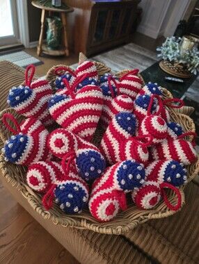 Patriotic Crochet Heart Ornament Red Wh Blue July 4th Memorial Day